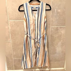A new day women’s stripped sleeveless sun dress, cotton, waist tie, button SZ M